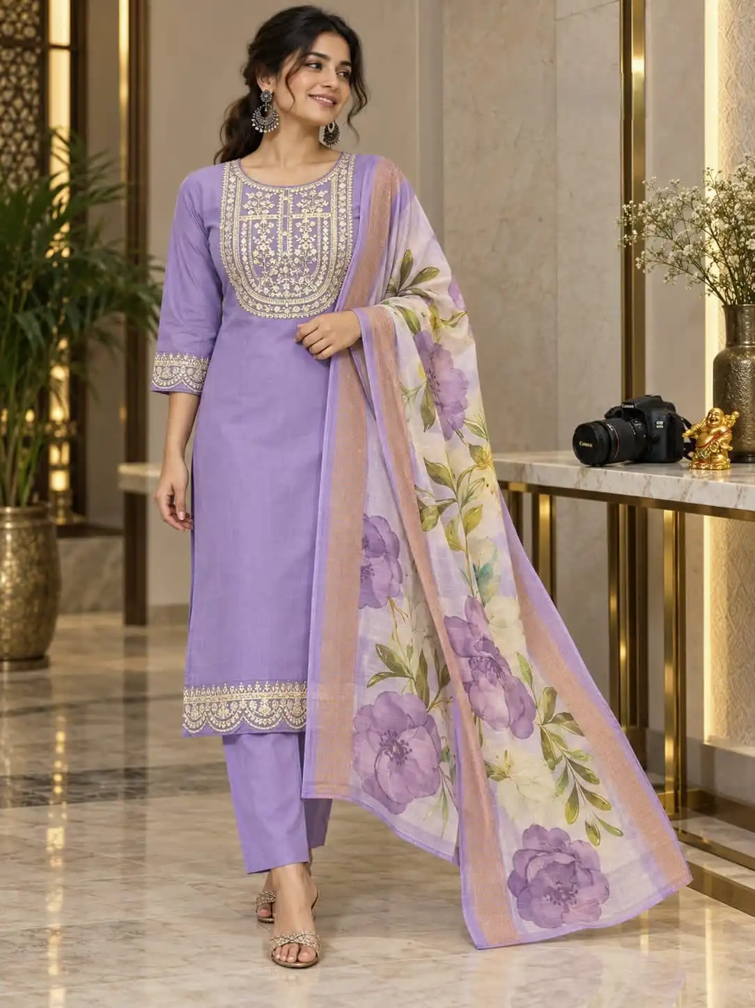 Lavender Rayon Slub Cotton Straight Salwar Set
